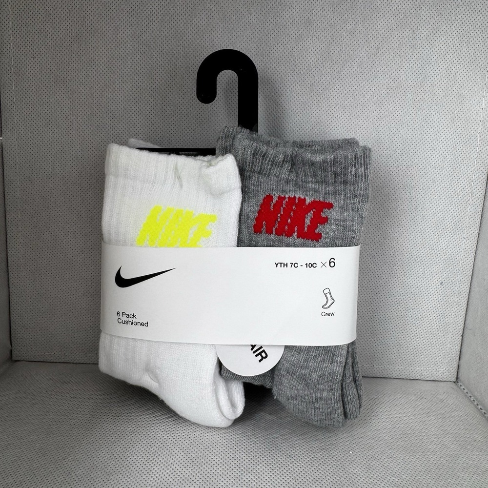 Nike Kids Crew Socks 6 Pack White Grey Cushioned Size 7C-10C BN0509-001 NEW